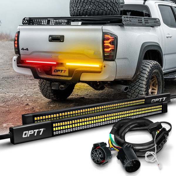 OPT7 Redline Parlux Triple Row LED Tailgate Light Bar Bundle with 7 Pin to 4 Pin Trailer Extension Adapter Harness with Reverse Wire for Tacoma (2005-2023)