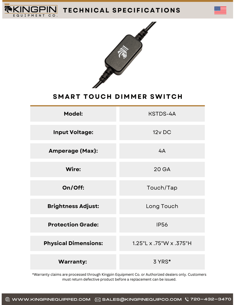 Kingpin Smart Touch Dimmer switch technical specifications sheet showing the on/off functionality, dimensions, and power rating of the product. 