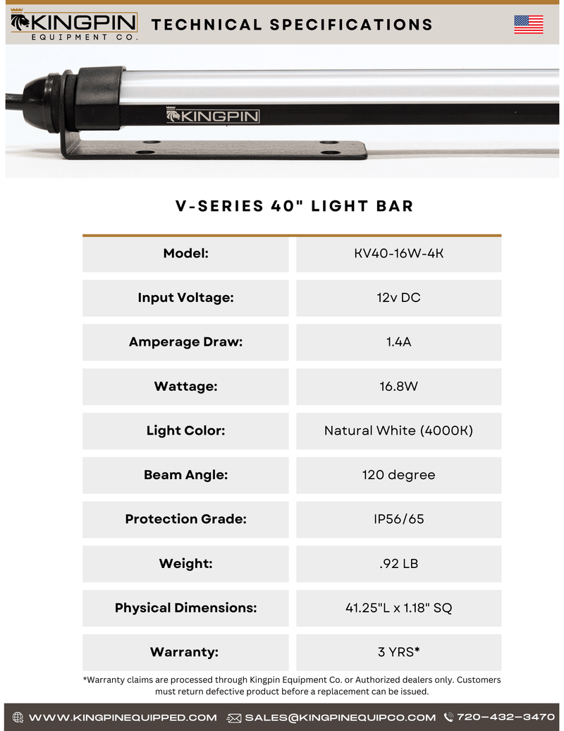 Technical charts showing specifications for Kingpin v-Series 40" light bar.