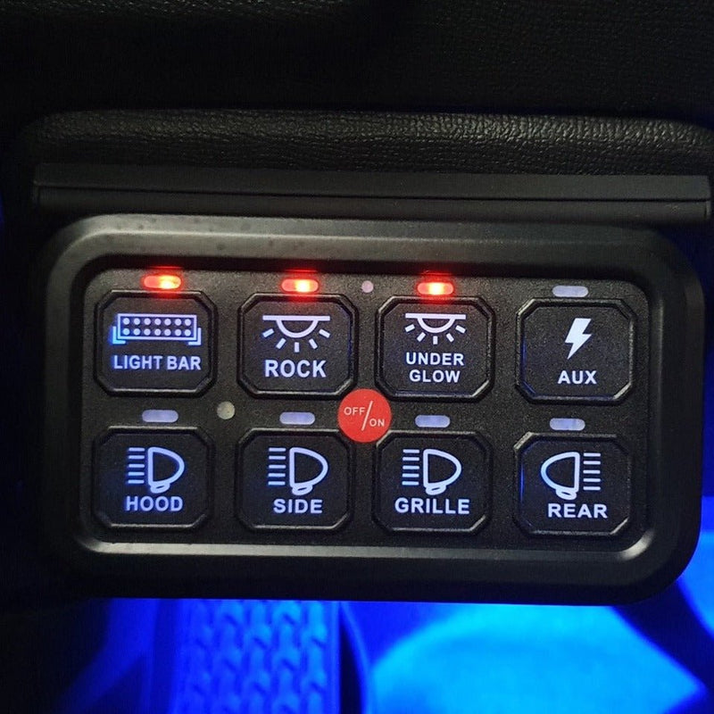 8 Switch Control Panel with Blue Backlight (One-Sided Outlet) - Aspire Auto Accessories