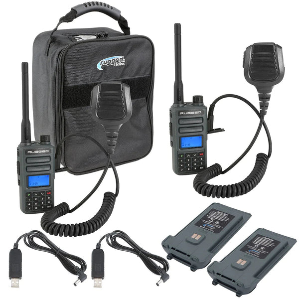 ADVENTURE PACK - 2 PACK - GMR2 GMRS and FRS Two Way Handheld Radios with XL Batteries and Hand Mics - Grey - Aspire Auto Accessories