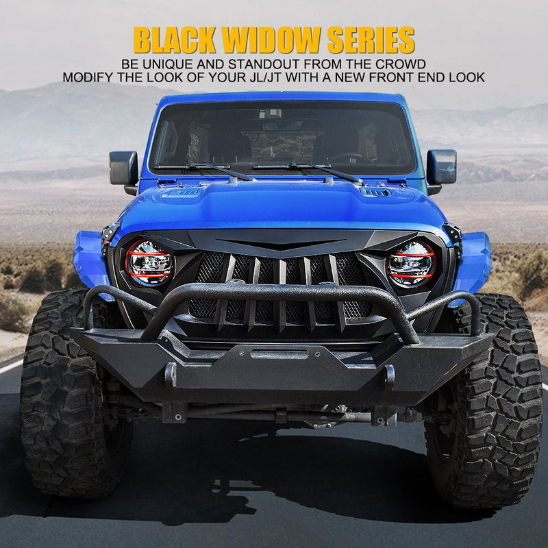 Black Widow Series Replacement Grille for 2018+ Jeep Wrangler JL & 2020+ Jeep Gladiator JT - Aspire Auto Accessories